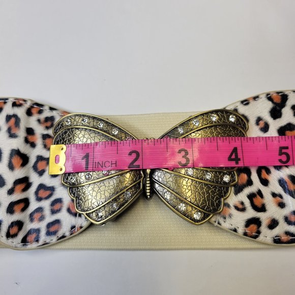 Butterfly Buckle Stretch Belt Animal Print Antique Gold Tone Buckle Brown Cream - Picture 14 of 16